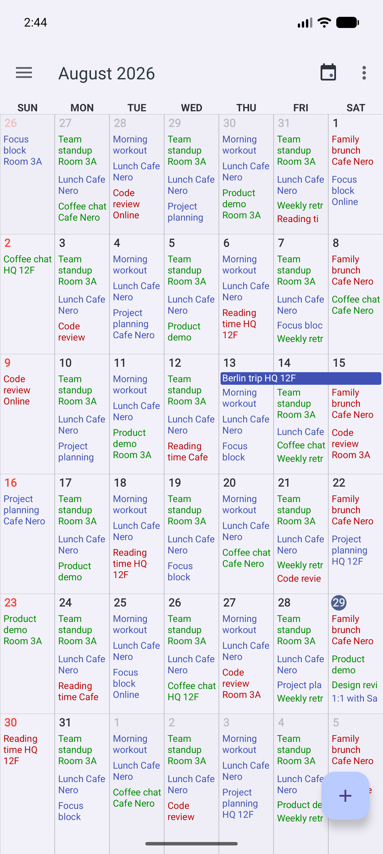 Calendar+ month view on a phone screen, showing colored events across a full month grid